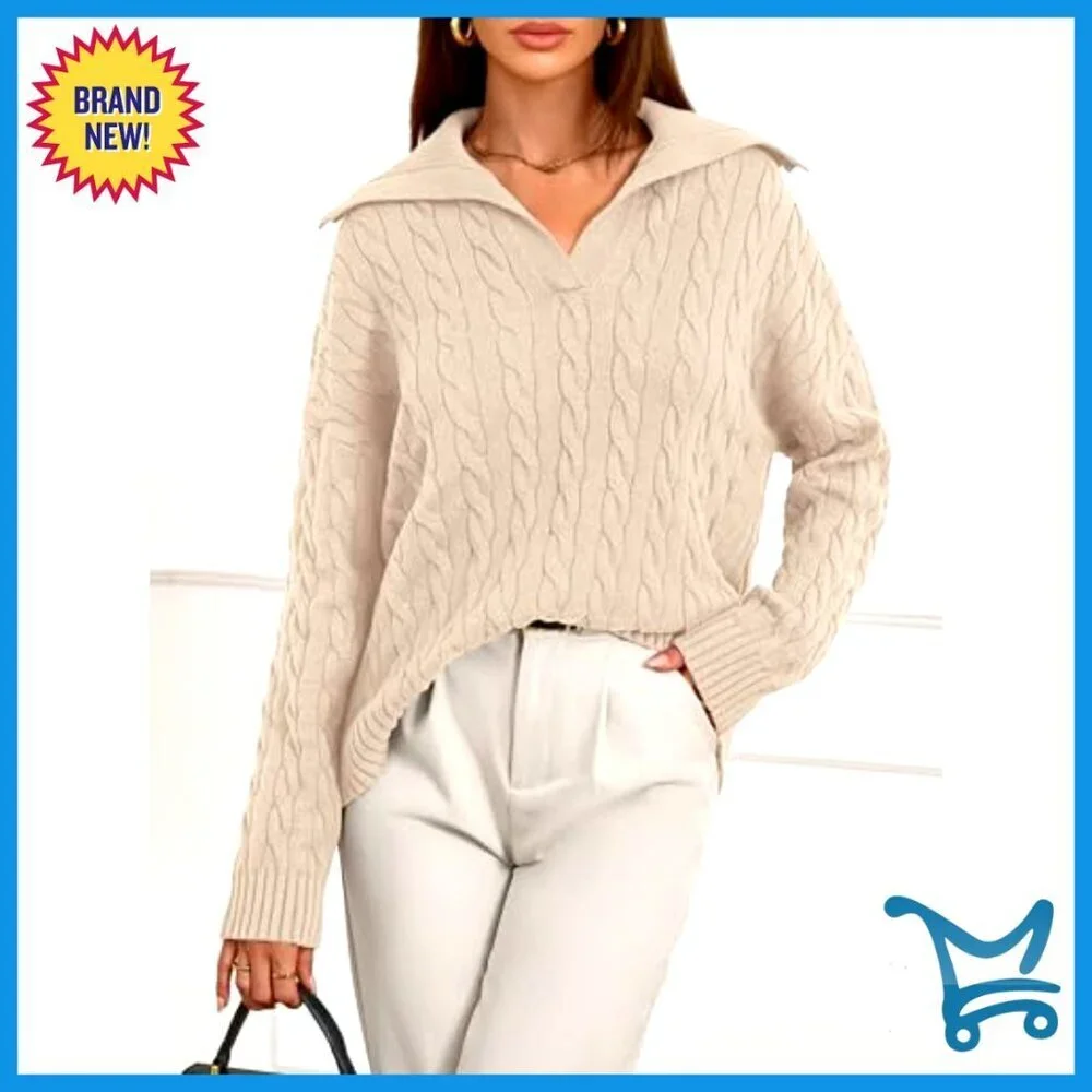Oversized Cable Knit Sweater Polo V Neck Chunky Pullover Casual Chic
